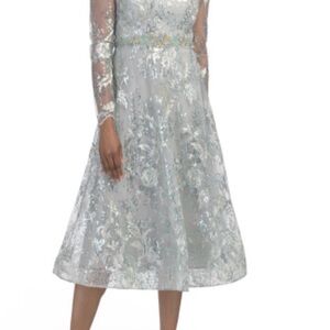 Mac Duggal Silver Floral Long Sleeve Dress